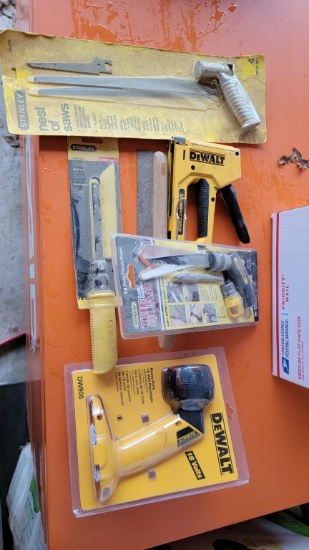 Lot - hand saw tools, Dewalt light, etc