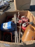 Misc lot of fuel cans, chain hooks and strapping