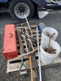 Mixed pallet of garden tools and 2 tool boxes