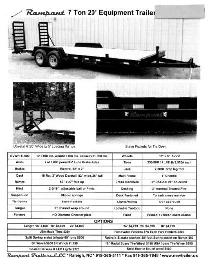 2018 Rampant 7 Ton Equipment Trailer