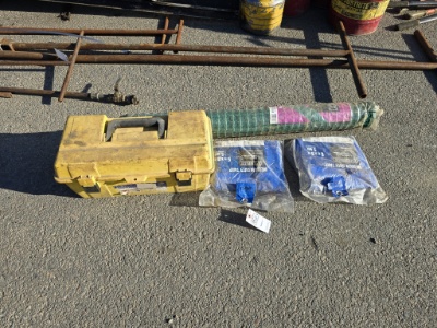 Lot- Tarps, Tool Box, Garden Fencing