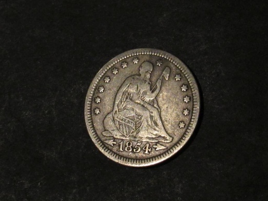 1854 LIBERTY SEATED QUARTER $75