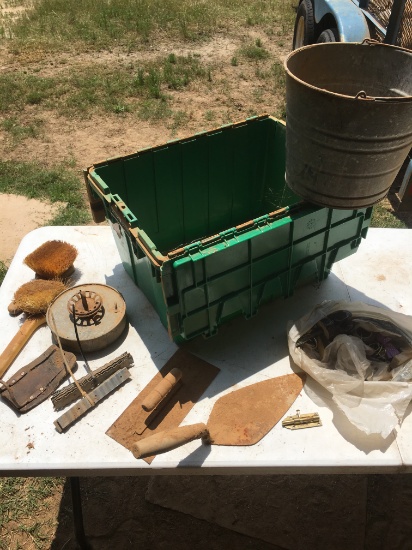Tote Full of Stuff/Galvanized Metal Bucket, Old Oil Lantern Bottom, Trowels (Local Pick Up Only)