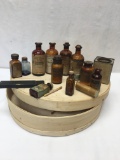 Box Lot/Old Medicine Bottles & Round Cheese Wooden Box