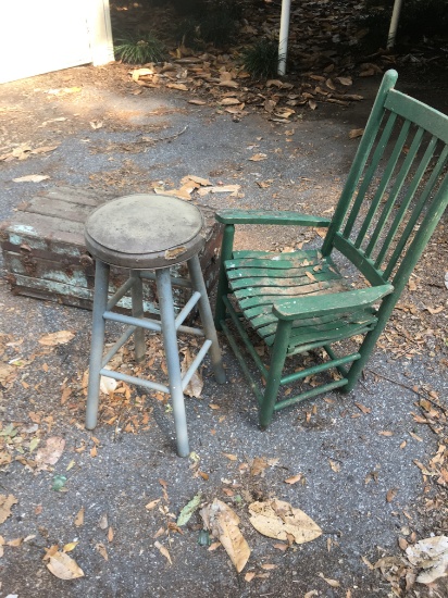 Box Lot/Chair, Stool, Old Wooden Foot Locker (Local Pick Up Only)