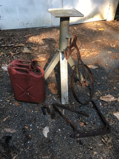 Box Lot/Old Fuel Can, Old Plow, Metal Stand (Local Pick Up Only)