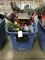 Toter Plastic Recycling Tub With Small Shop Vac, Assorted Brooms, Mops, Shovels