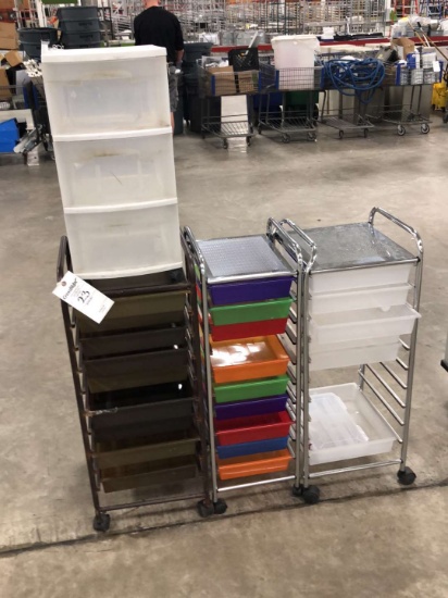 (3) Rolling Carts With Paper Divider Slots and Plastic Three Drawer Cabinet