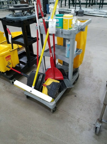 Janitorial Cart With Assorted Brooms And Miscellaneous