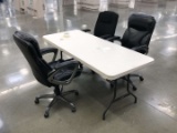 Lifetime 6ft Table With Three Rolling Office Chairs