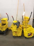 Rubbermaid Janitorial Mop Buckets With Squeegees And Three Mops