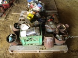 PALLET OF TOOLS, PARTS, GAS CANS, AND HARDWARE