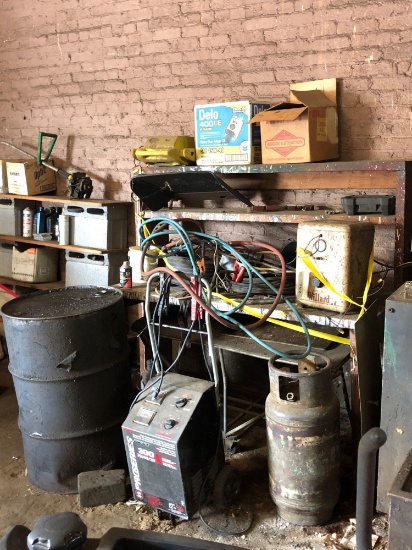 (2) BATTERY CHARGERS AND SHOP TABLE