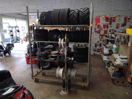 ROLLING TIRE RACK, TIRE STAND AND MISC TIRES