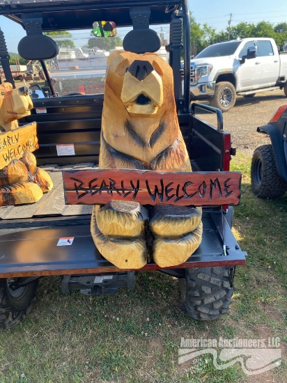 HAND CARVED WOODEN BEAR W/SIGN (BEARLY WELCOME)