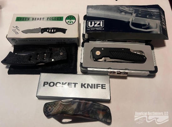 POCKET KNIFE, GREEN BERET FOLDER & UZI KNIVES (LOT OF 3)