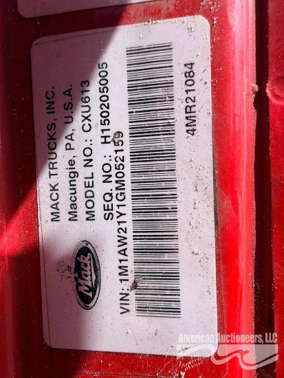 2016 Mack CXU613 Truck, VIN # 1M1AW21Y1GM052159