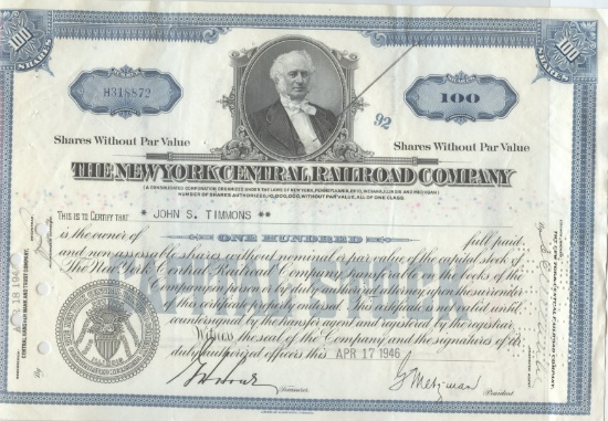THE NEW YORK CENTRAL RAILROAD COMPANY STOCK CERTIFICATE