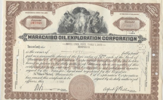 MARACAIBO OIL EXPLORATION CORPORATION STOCK CERTIFICATE