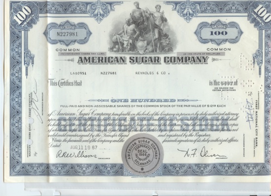 AMERICAN SUGAR COMPANY STOCK CERTIFICATE