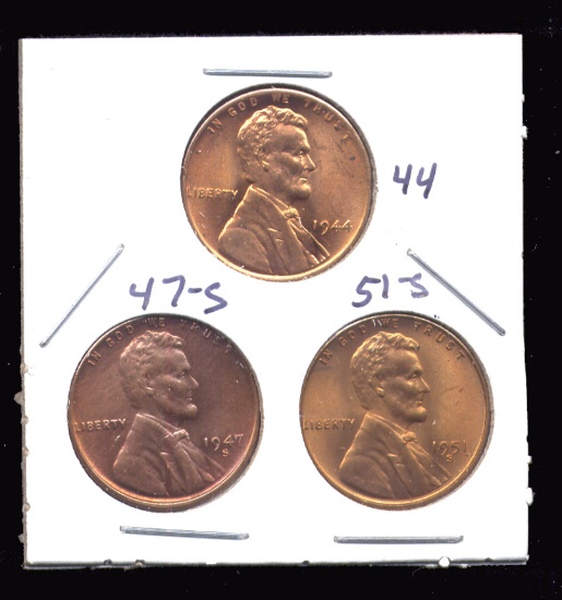 3 RED BU UNC ... Lincoln Wheat Back Cents