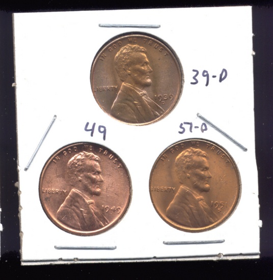 3 RED BU UNC ... Lincoln Wheat Back Cents