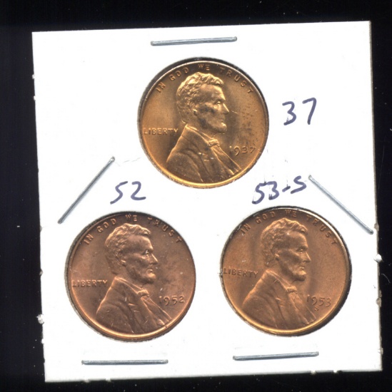 3 RED BU UNC ... Lincoln Wheat Back Cents