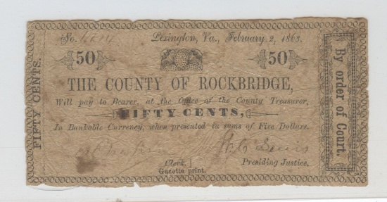 COUNTY OF ROCKBRIDGE 1863 50c NOTE