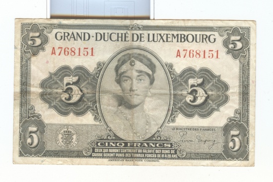 LUXEMBOURG 5 FRANC NOTE 1940's