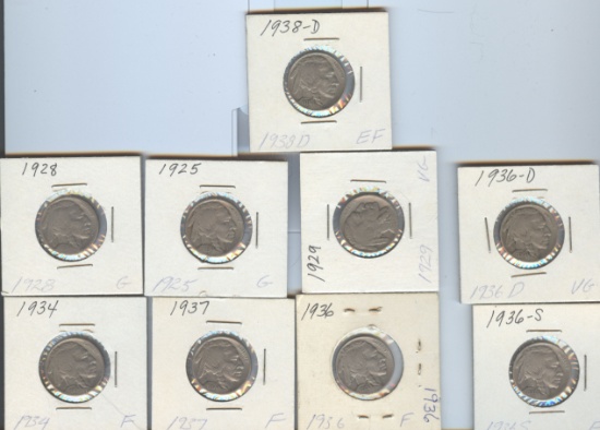 NINE DIFFERENT BUFFALO NICKELS