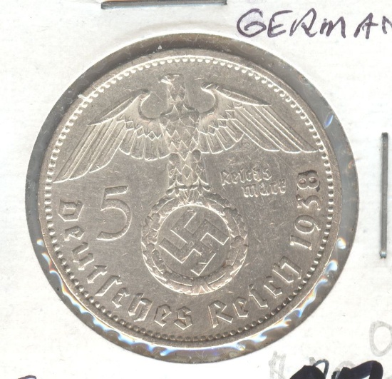 1938-A THIRD REICH GERMANY 5 MARK SILVER
