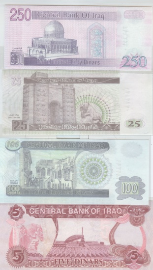 FOUR DIFFERENT BANKNOTES OF IRAQ