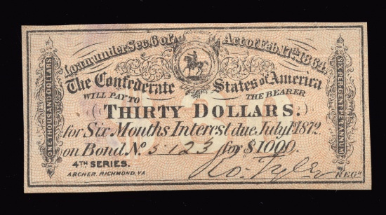 $30 ... 1864 Confederate States ... Bond Coupon