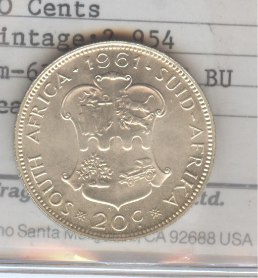 *1961 SOUTH AFRICA 20c SILVER