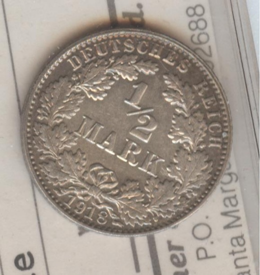 *1918-E GERMAN 1/2 SILVER MARK