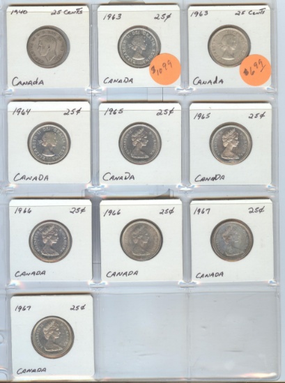 *TEN CANADIAN SILVER QUARTERS