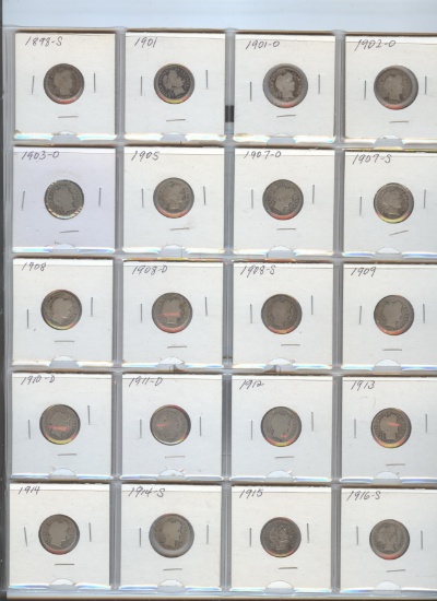 20 DIFFERENT DATE/MINT BARBER DIMES