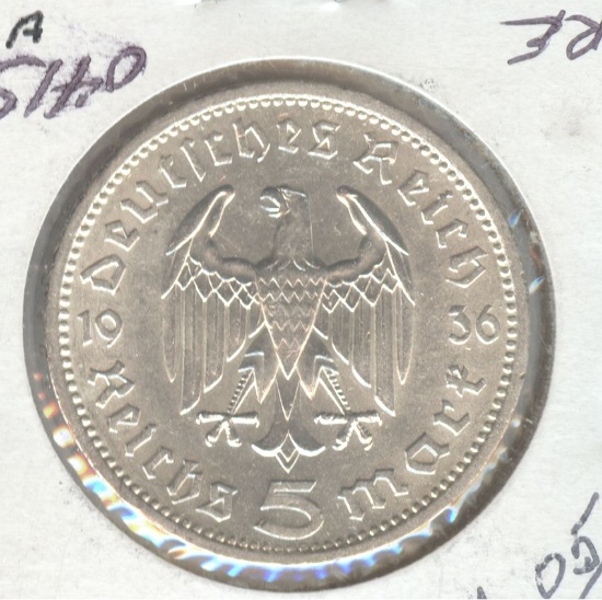 1936-A GERMANY 5 REICHSMARK SILVER