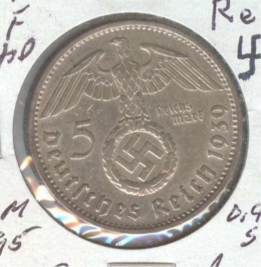 1939-F GERMANY 5 REICHSMARK SILVER