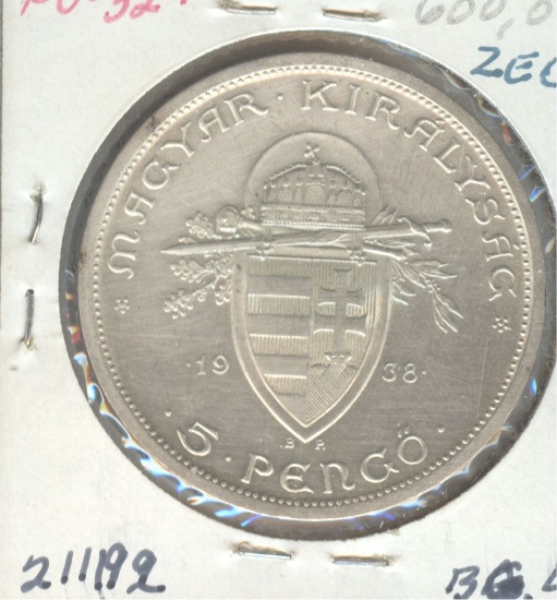 1938 HUNGARY 5 PENGO SILVER