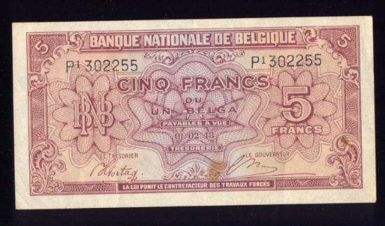1943 ... 5 Francs ... Old Belgium Banknote