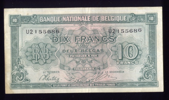 1943 ... 10 Francs ... Old Belgium Banknote