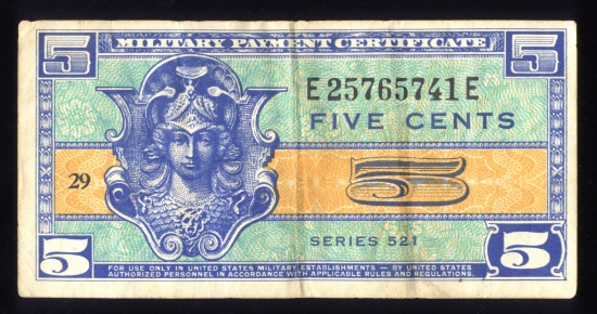 MPC -- 5 Cents ... Series 521 ... Military Payment Certificate