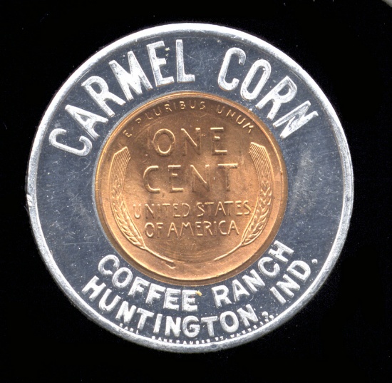 Carmel Corn ... Good Luck ... BU 1956-D Encased Penny