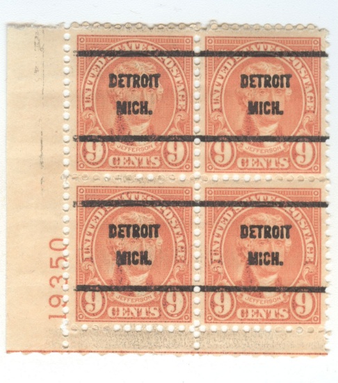PLATE BLOCK OF 4 EARLY 9c JEFFERSON STAMPS