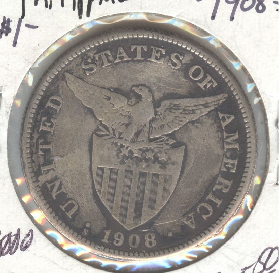 1908-S PHILIPPINE SILVER 1 PESO