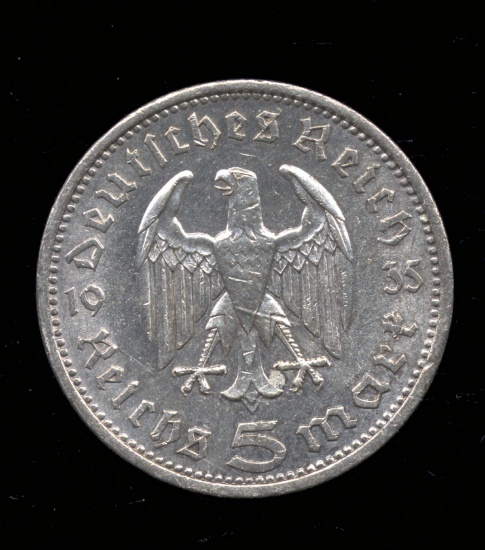 1935-A... Silver 5 Marks ... Better Grade  Old Nazi German Coin
