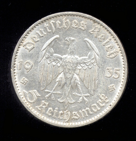 1935-D... Silver 5 Marks ... Better Grade  Old Nazi German Coin
