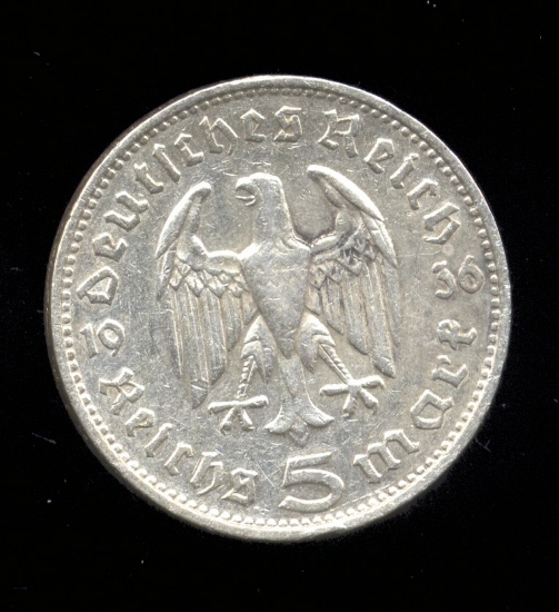 1936-F... Silver 5 Marks ... Better Date Old Nazi German Coin