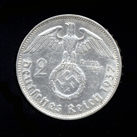 1937-A... Silver 2 Marks ... Better Grade  Old Nazi German Coin
